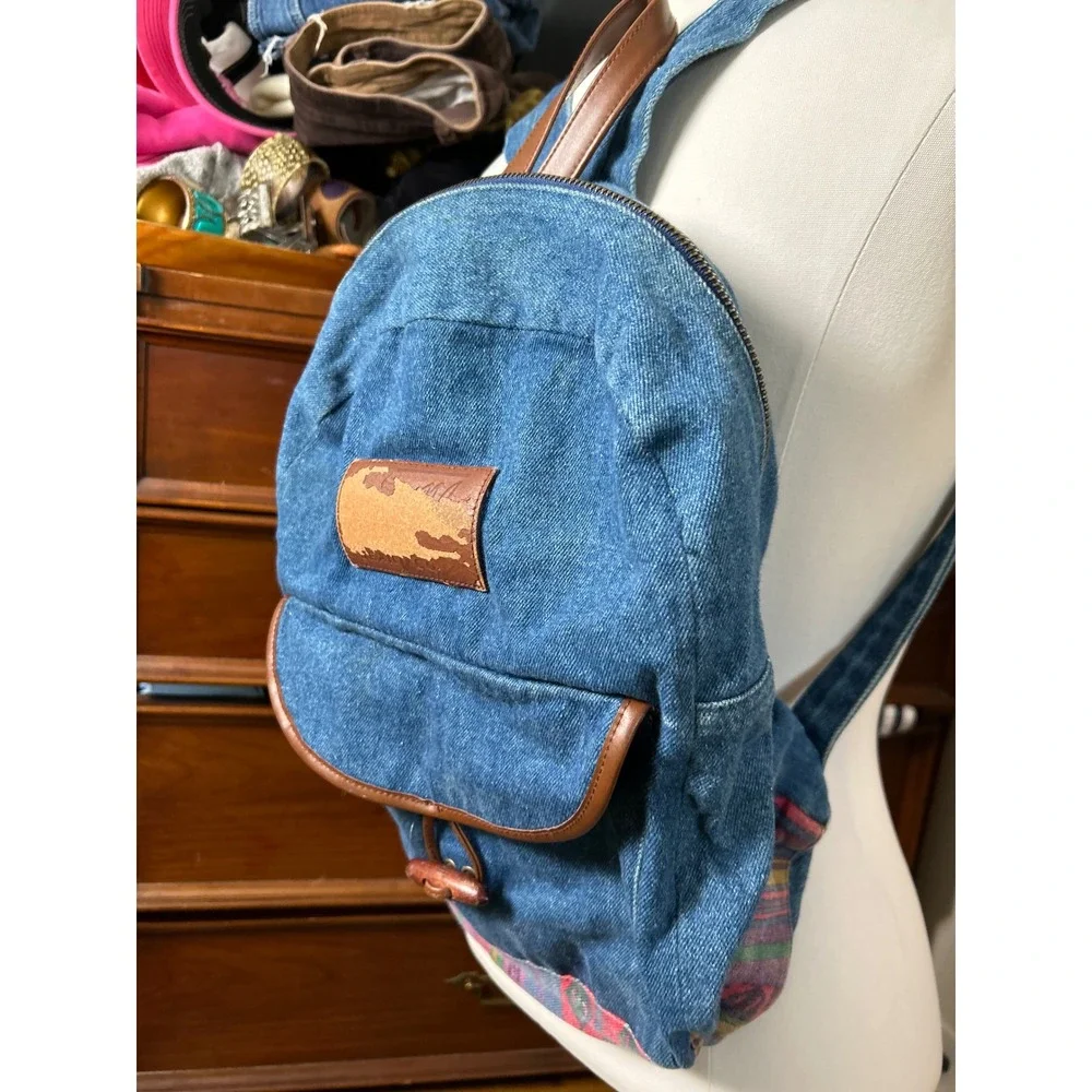 Vintage Denim‎ Backpack Blue Western Aztec Boho Wood Toggle Faux Leather Trim